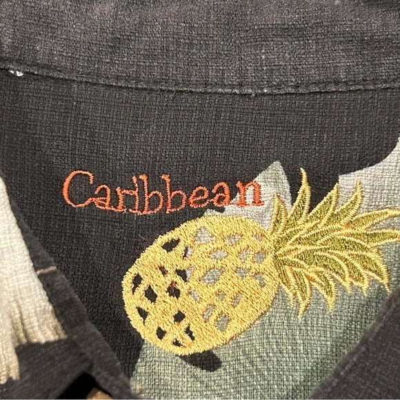 Caribbean Black‎ Green Hawaiian Print Silk Button-up Short Sleeve Shirt M - Picture 2 of 9